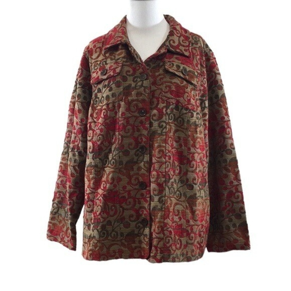 CJ Banks Red Brown Patterned Jacket Womens 1X 18W Textured Autumn Scroll